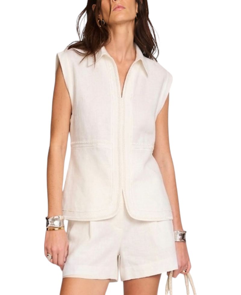 Women's Sleeveless Collared Pocket Linen Blouse