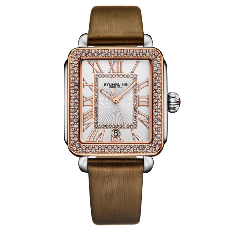 Elegant Women s Rectangular 35x47mm Dress Watch - Model 4060L.5, Rose Gold Crystal Bezel, Silver Case, Brown Leather Strap