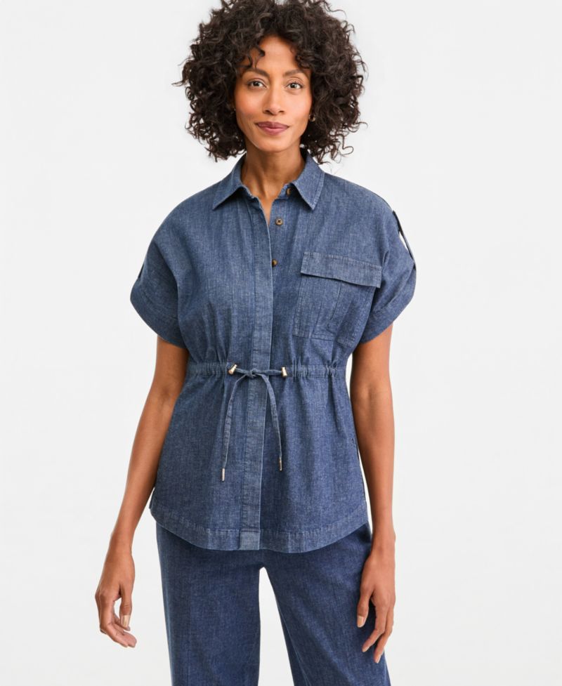 Women's Button-Front Cinch Waist Shirt