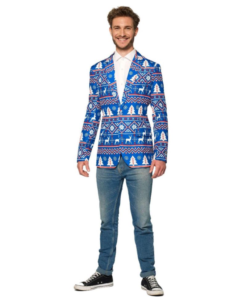 Men's Blue Christmas Blazer - Ugly X- Mas Holiday Festive Nordic Print - Blue - White