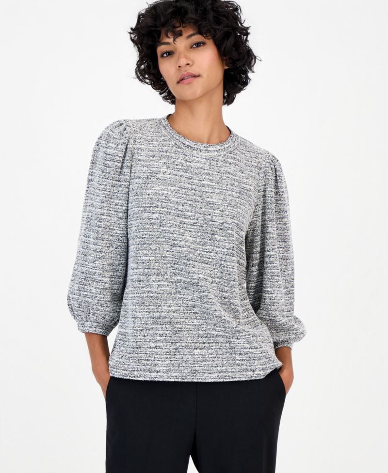 Petite 3/4-Balloon Sleeve Boucle-Knit Top
