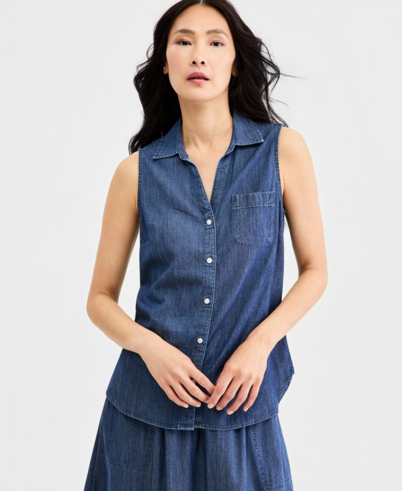 Women's Chambray Sleeveless Button-Front Top