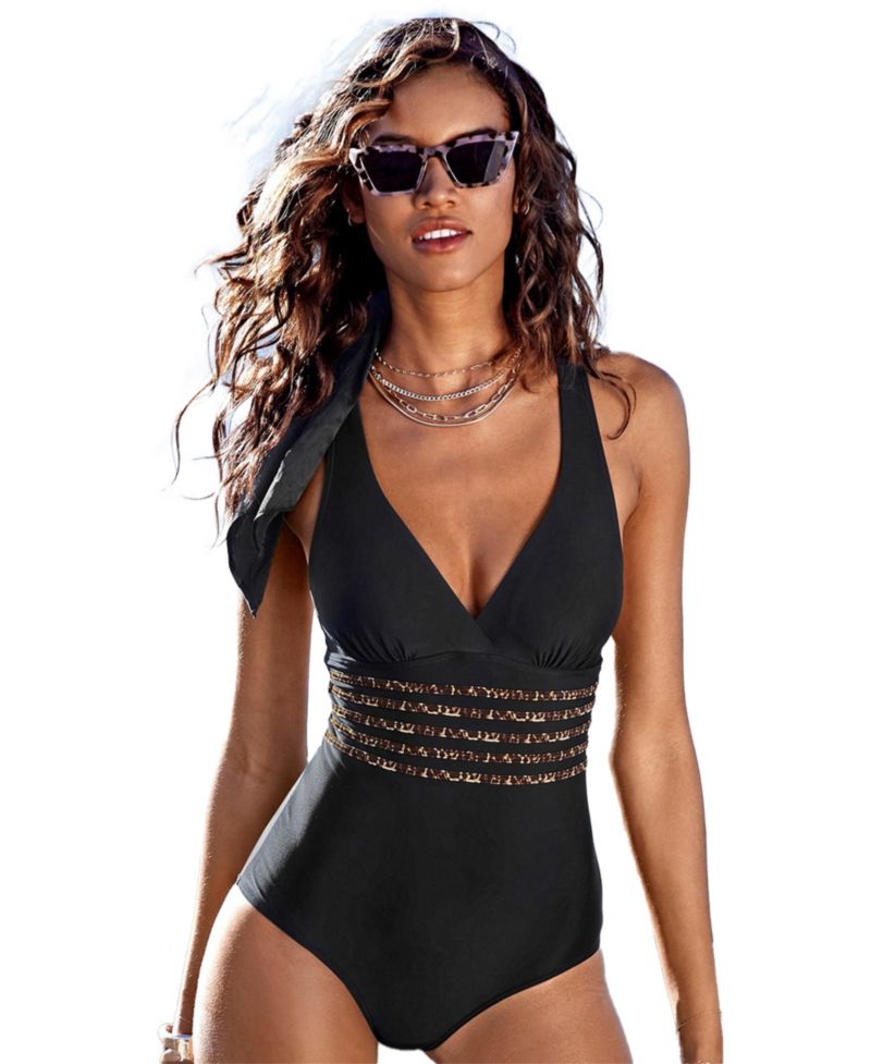 Women's Animal Print Trim Tummy Control One-Piece Swimsuit