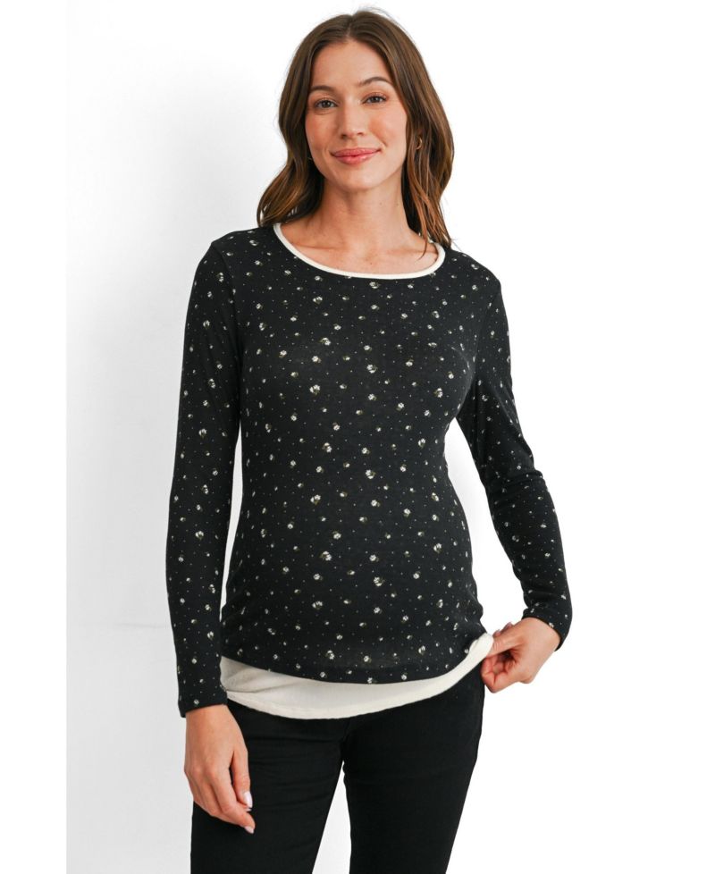 Maternity Floral-Print Scoop Neck Fitted Long-Sleeve Top