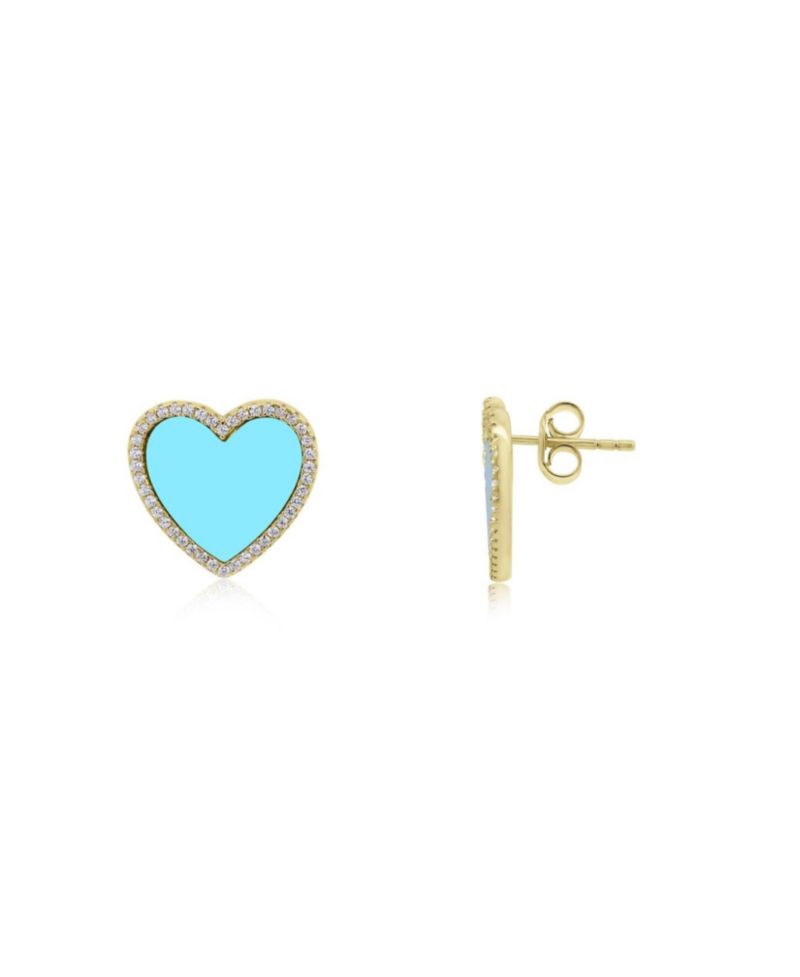 Large Turquoise CZ Halo Heart Stud Earrings 14K Gold-Plated Sterling Silver