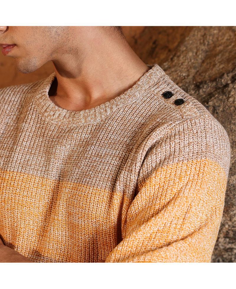 Men's Pumpkin Orange & Chocolate Brown Panel-Jacquard Knit Pullover Sweater