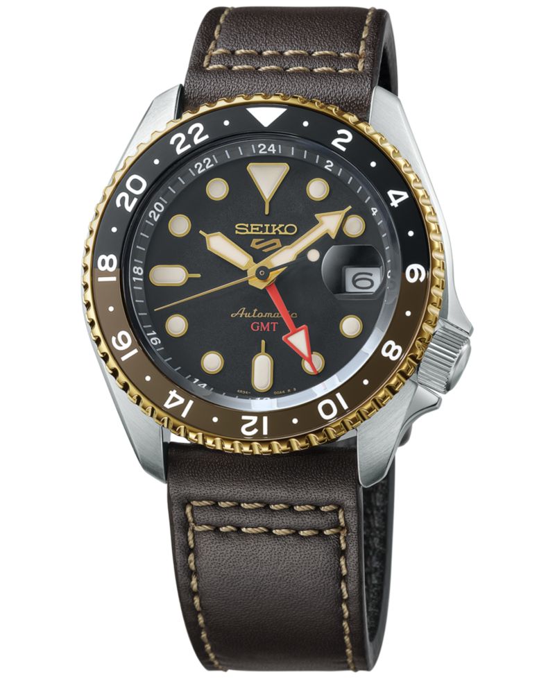 Men's Automatic 5 Sports Black Leather Strap Watch 42mm