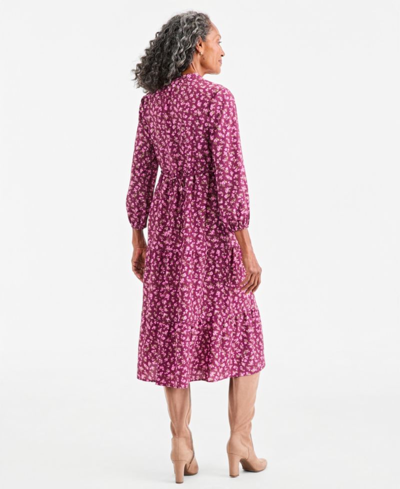 Women's Printed Long-Sleeve Tiered Midi Dress