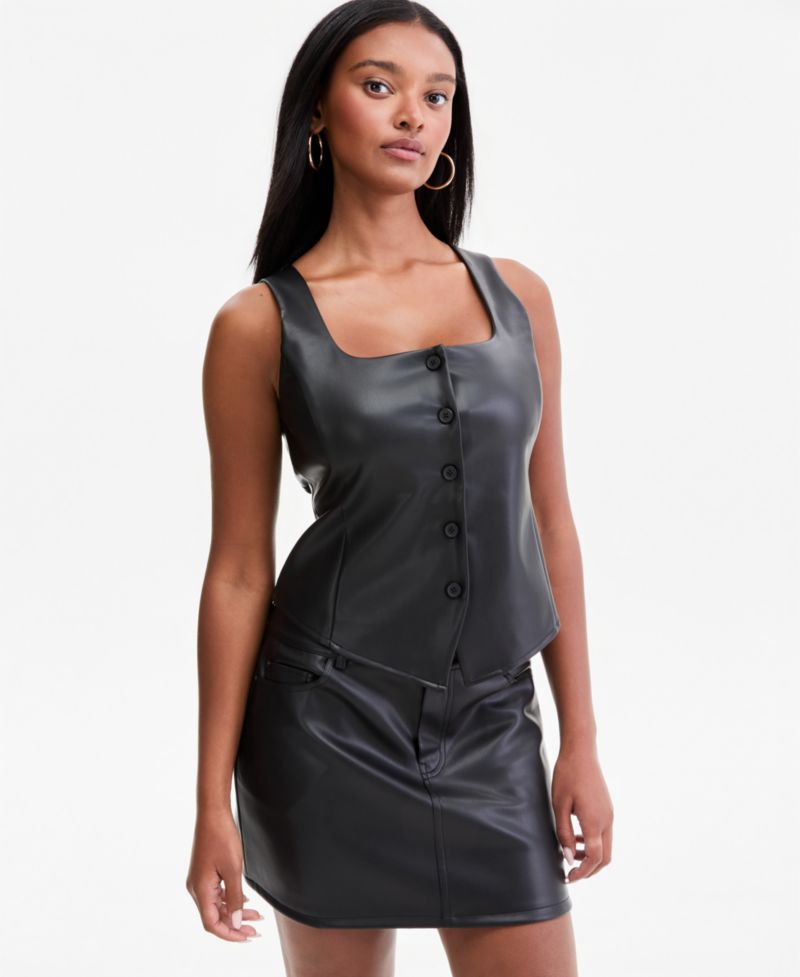 Women's Faux-Leather Scoop-Neck Button-Front Vest