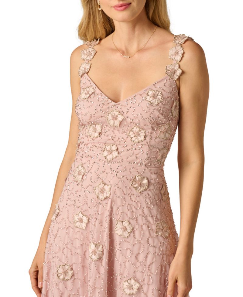 Women's Bead Flower Petal V-Neck Midi Gown