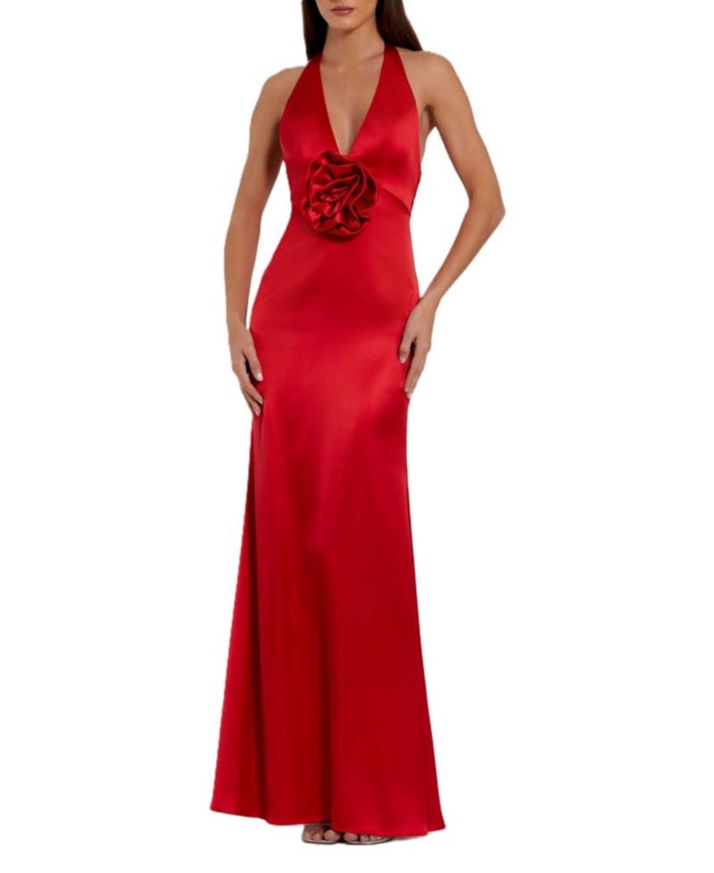 Women's Fitted Satin Sleeveless Halter Gown With 3D Flower
