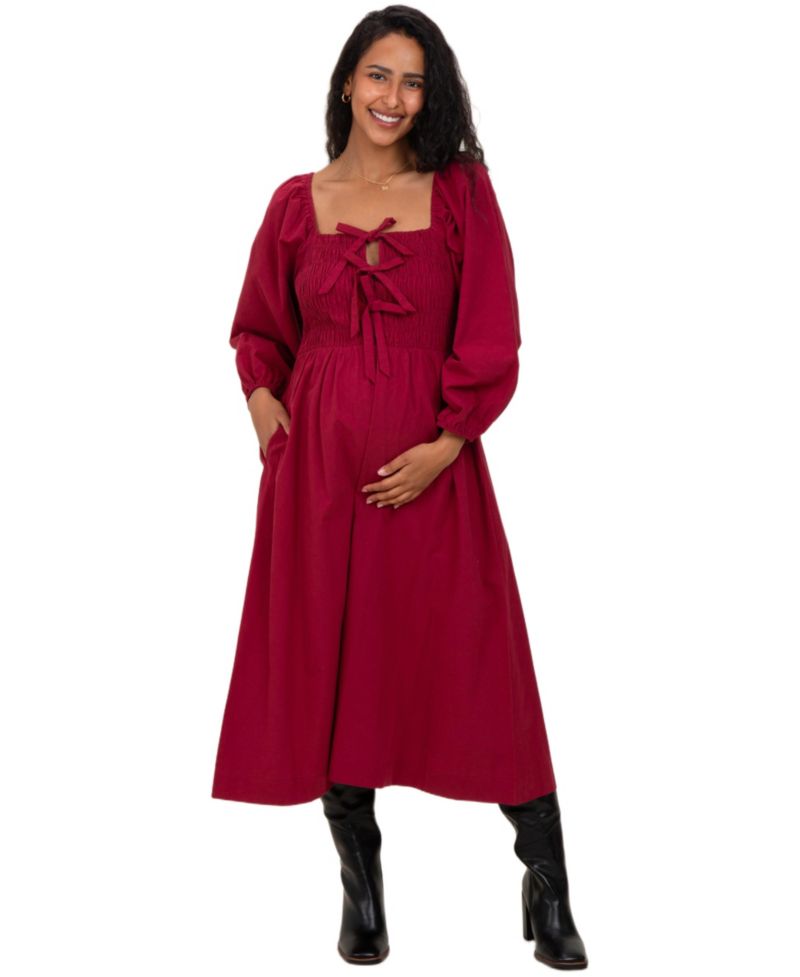 Women's Burgundy Bow Detail Smocked Midi Dress