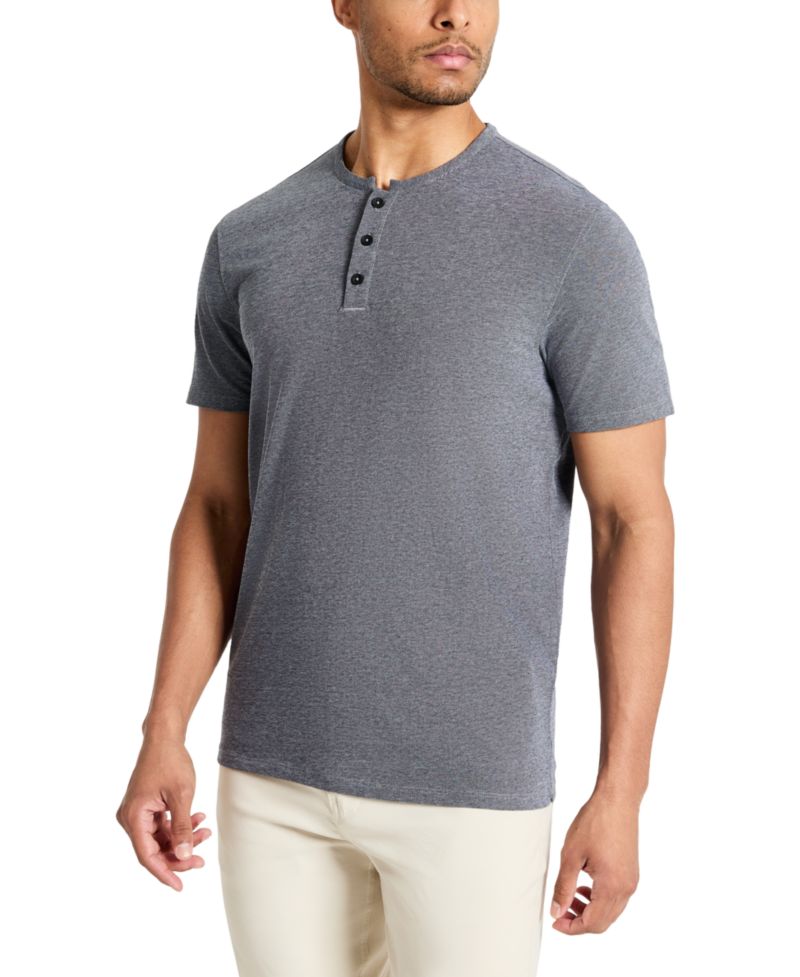 Men's 4-Way Stretch Heathered Stand-Collar Piqu&eacute; Henley