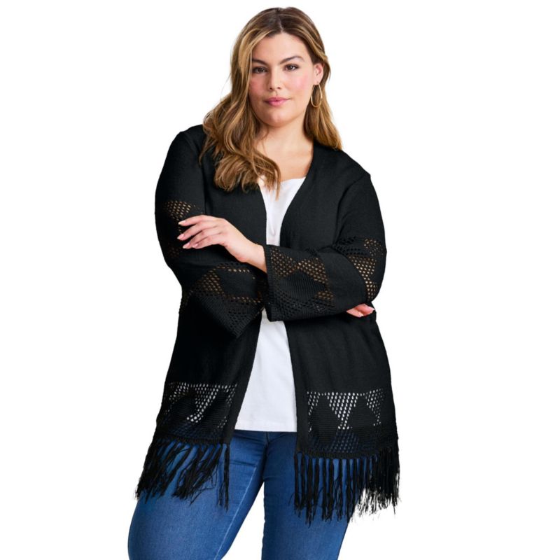 Women's Plus Size Pointelle Fringe Cardigan