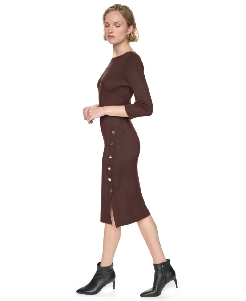 Women's Boat Neck Ribbed-Knit 3/4-Sleeve Dress