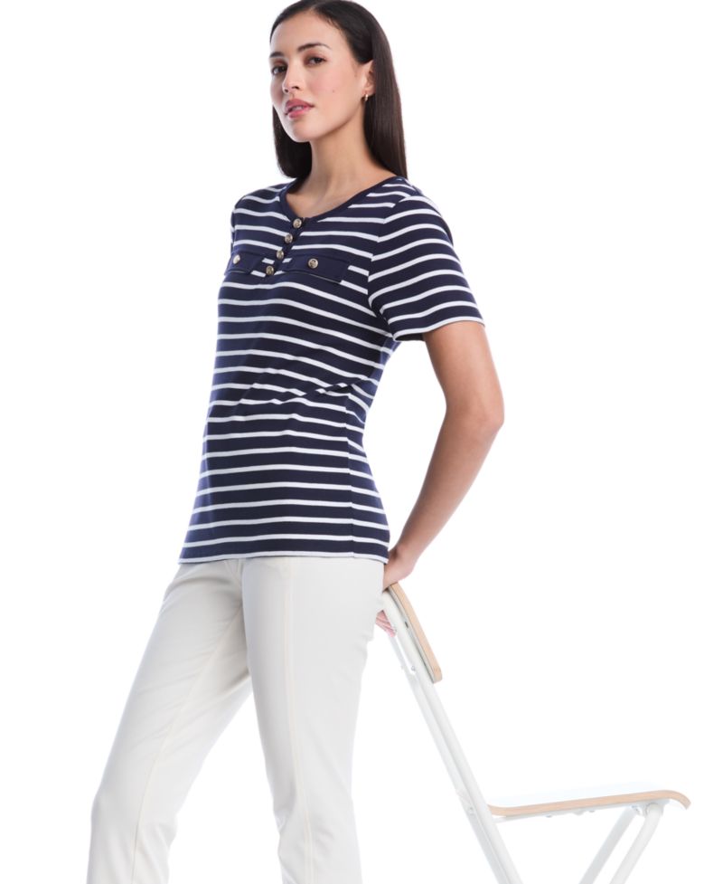Petite Striped Welt Pocket Short-Sleeve Top