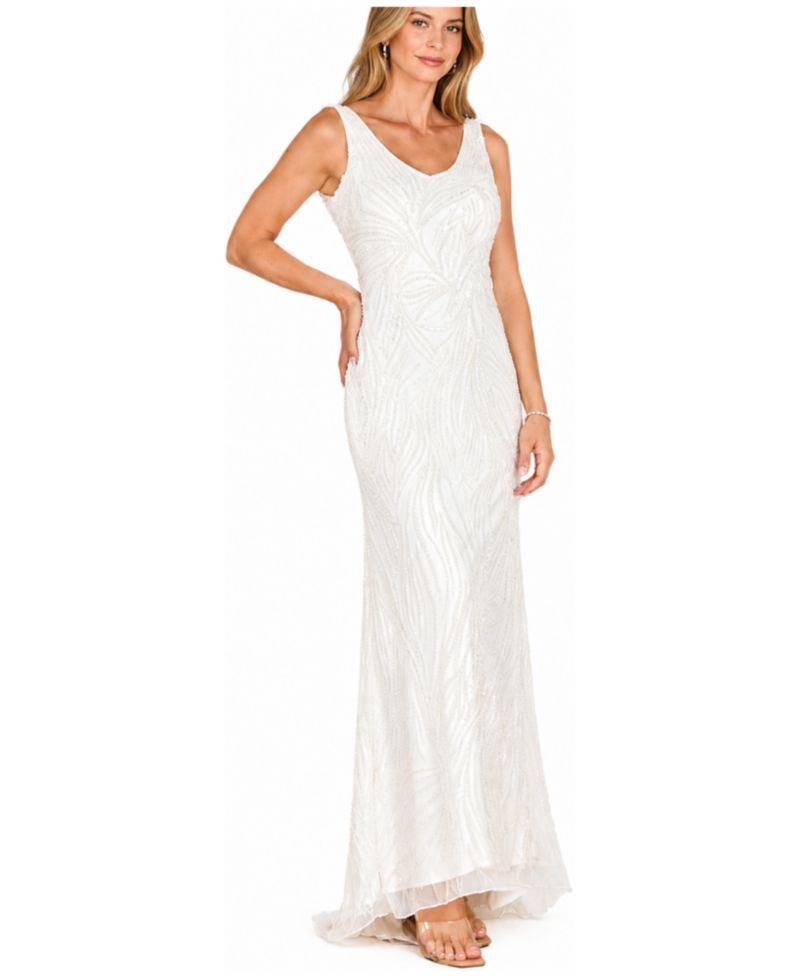 Women's Beaded Cowl-Back Draped Wedding Gown