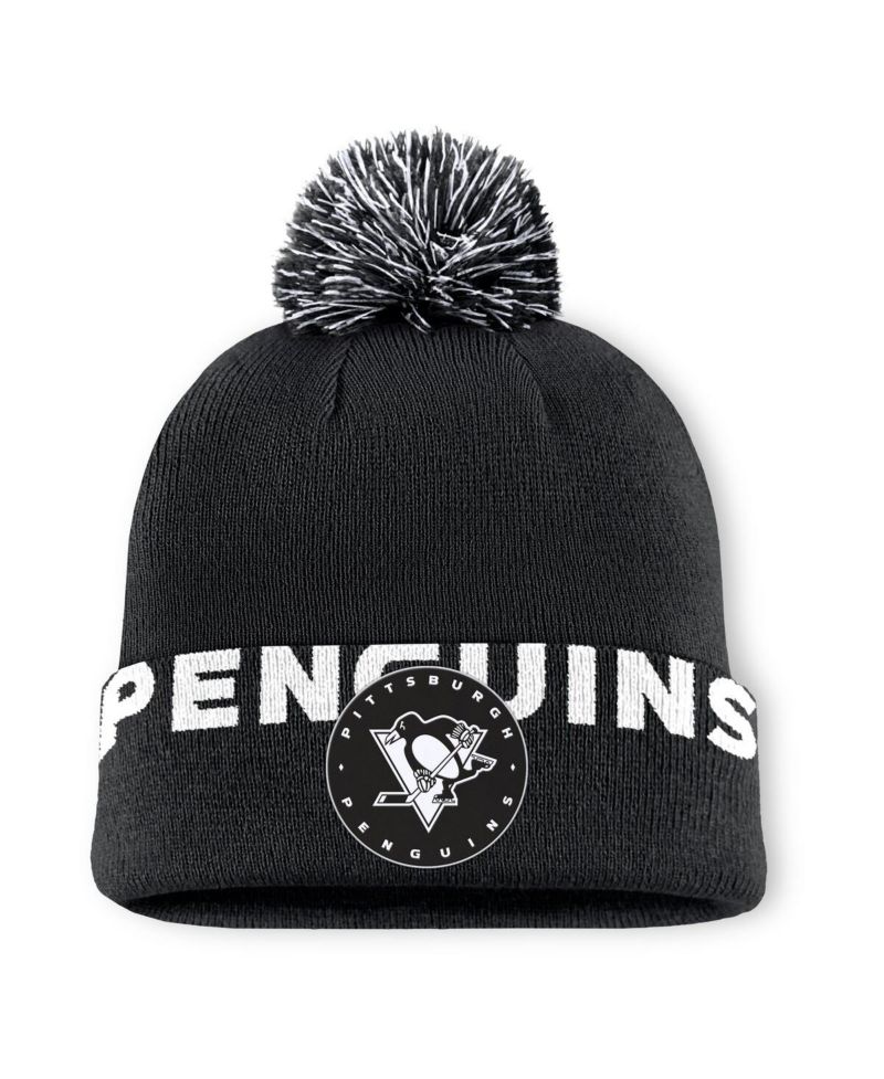 Men's Black Pittsburgh Penguins Fundamental High Stick Cuffed with Pom Knit Hat