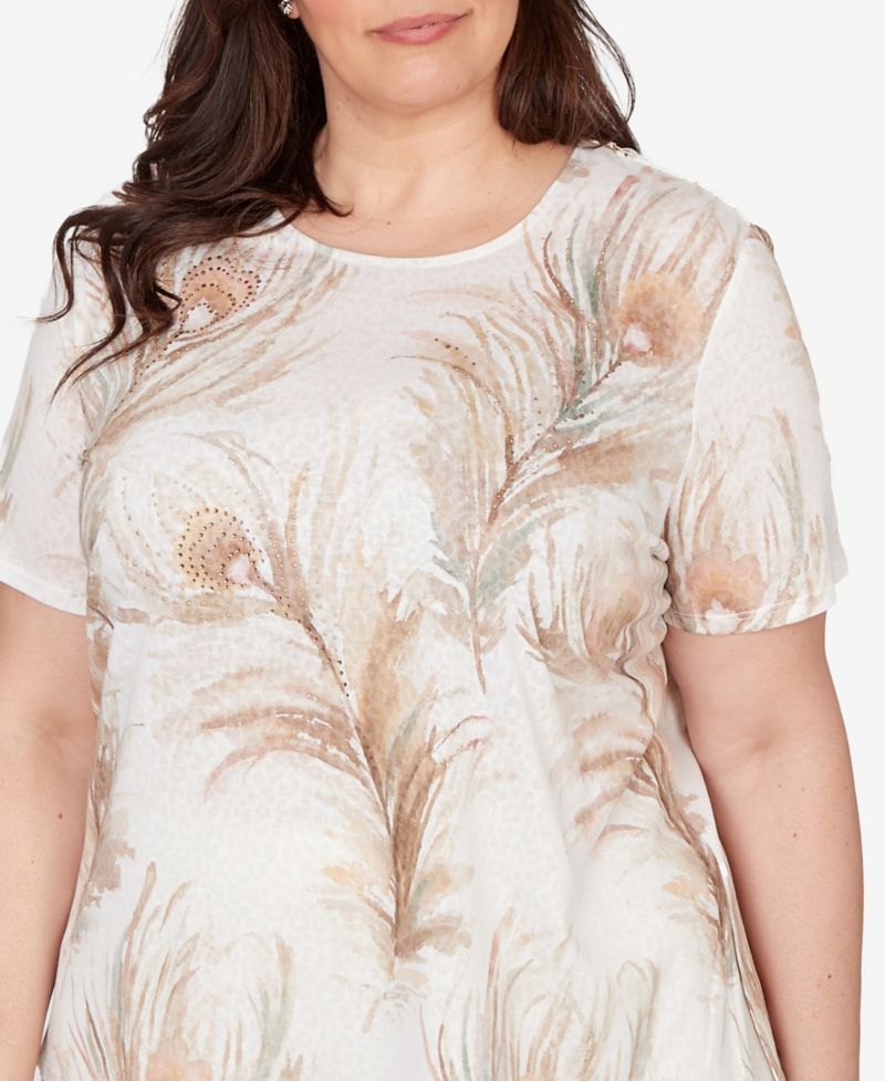 Plus Size Natural Wonder Feather Print Short-Sleeve T-Shirt