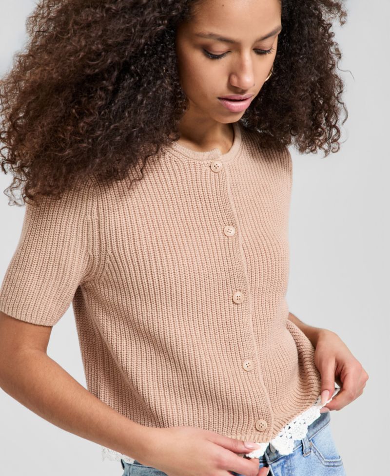Women's Crochet-Trim Rib-Knit Sweater