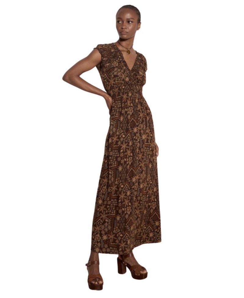 Women's Batik Star Flower V-Neck Cap-Sleeve Boho Maxi Dress