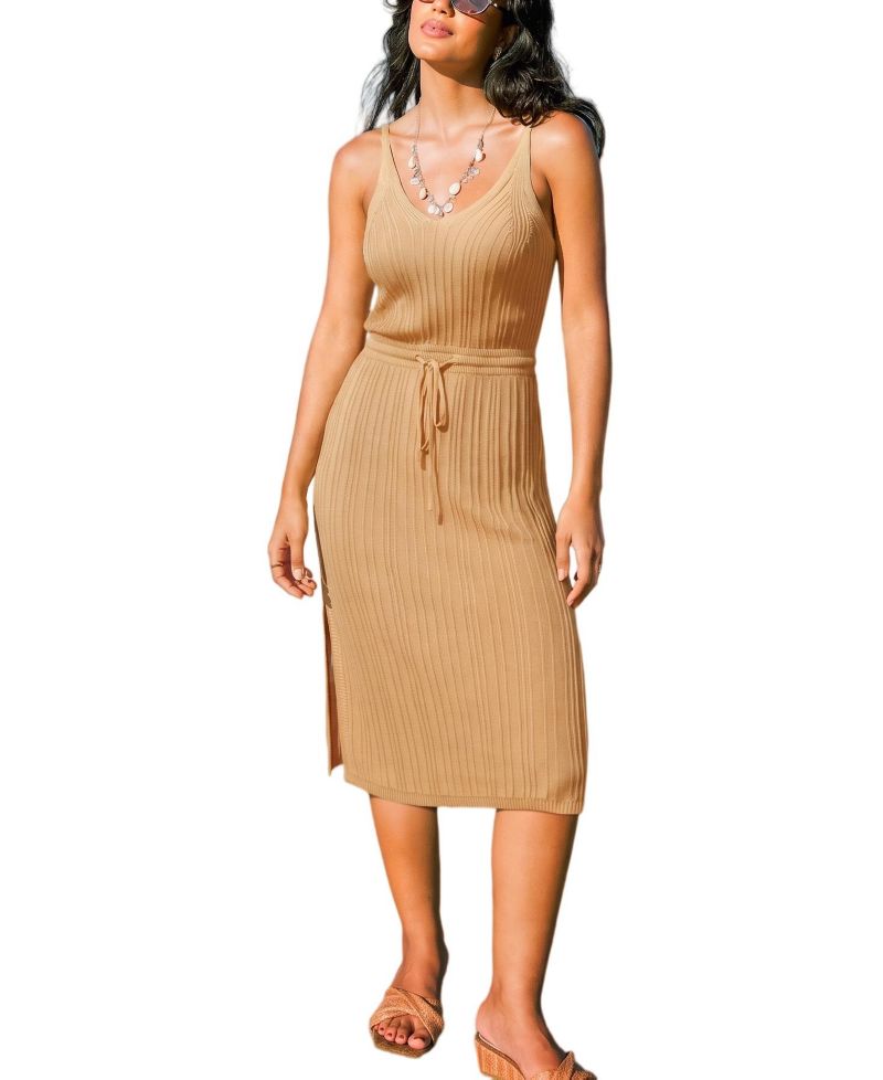 Women's Caramel Ribbed Knit Drawstring Waist Midi Dress