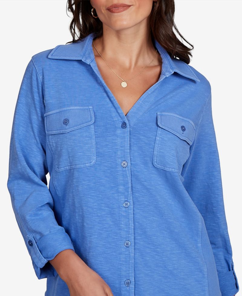 Petite Rib Trim Button-Front Knit Top