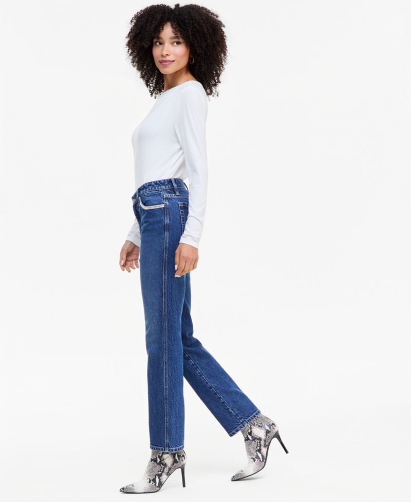 Women's Mid-Rise Slim-Straight Leg Embellished-Pocket Jeans