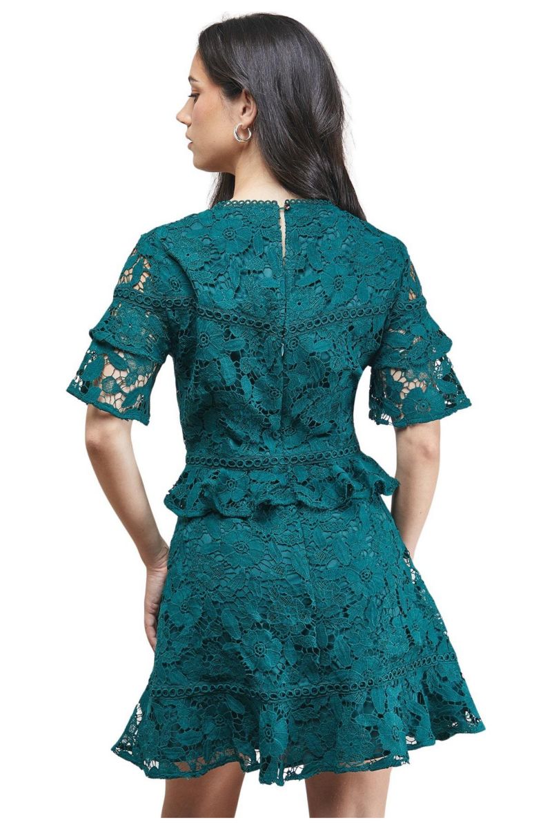 Women's Lace Trim Detail Frill Sleeve Mini Dress