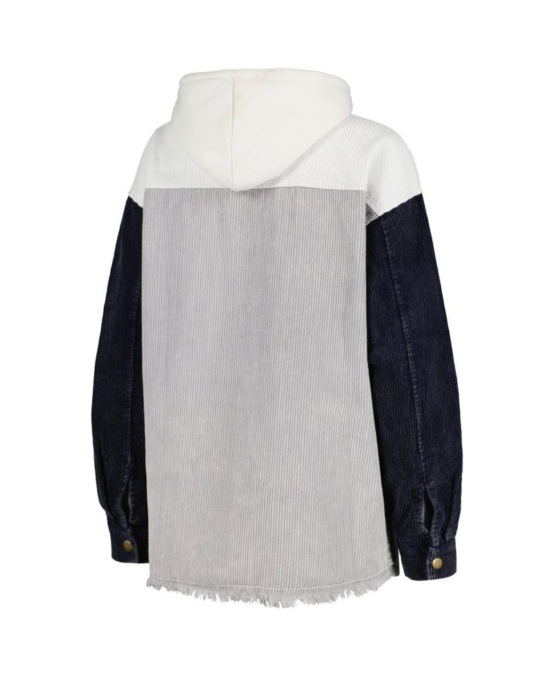 Women's Gray Distressed Michigan Wolverines Vintage-Like Wash Corduroy Full-Snap Hooded Shacket