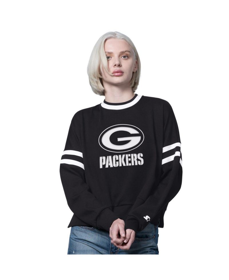 Women's Black Green Bay Packers Rally Drop Shoulder Cropped Sweatshirt
