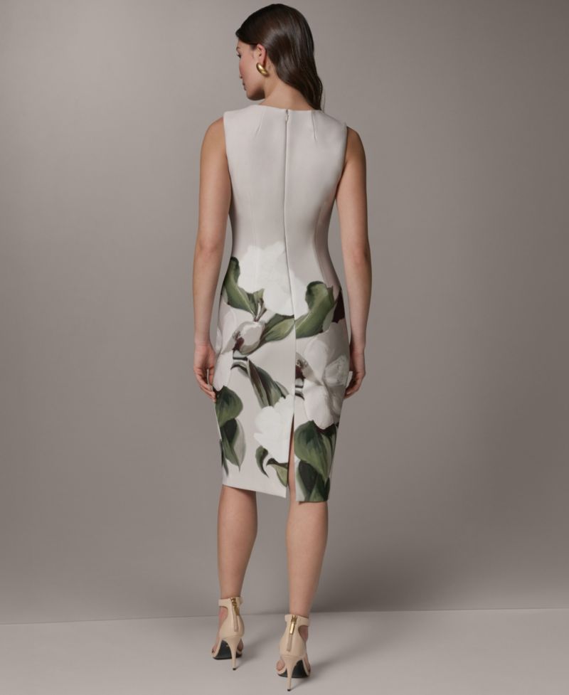 Women's Sleeveless Square Neck Placement Floral Print Midi Sheath Dress
