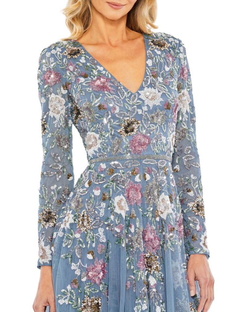 Women's Hand Embellished Floral V Neck Long Sleeve Dress