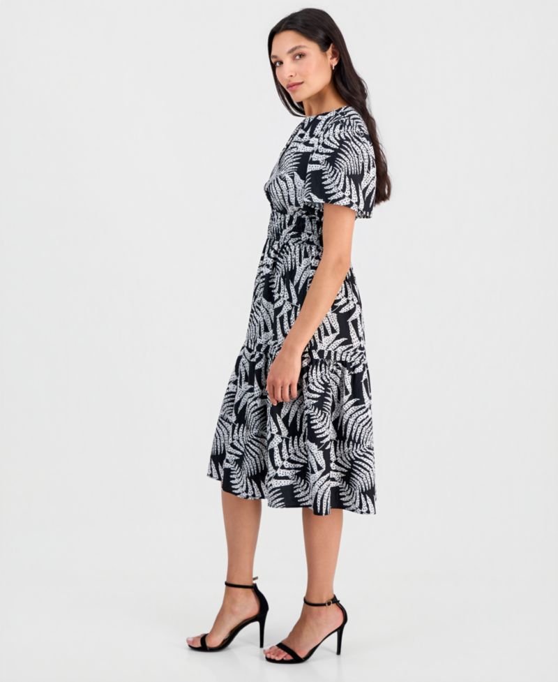 Women's Printed Smocked-Waist Short-Sleeve Midi Dress