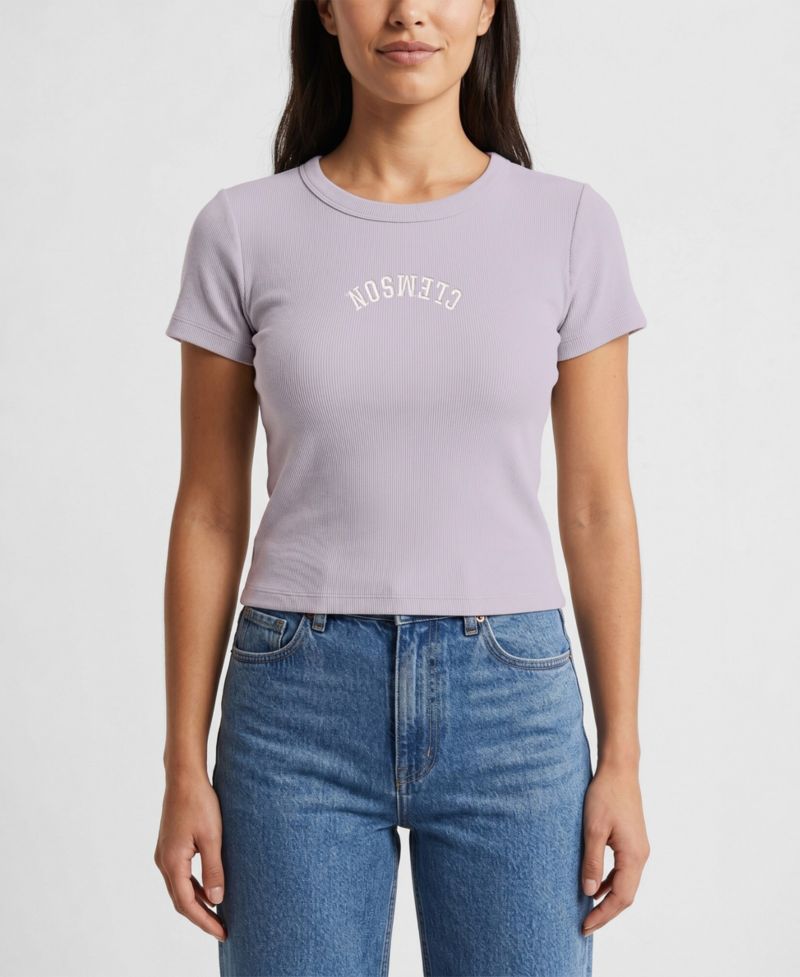 Women's Purple Clemson Tigers Upside Down Embroidery Ribbed Cropped T-Shirt