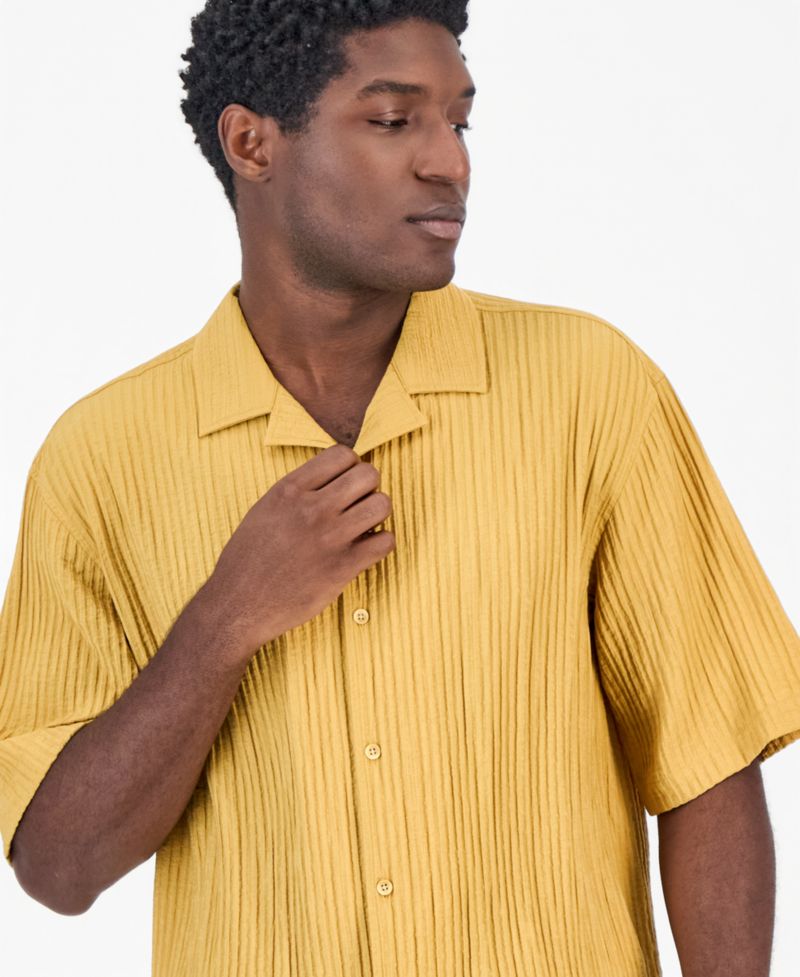 Men's Bxy Short-Sleeve Striped Camp Collar Shirt
