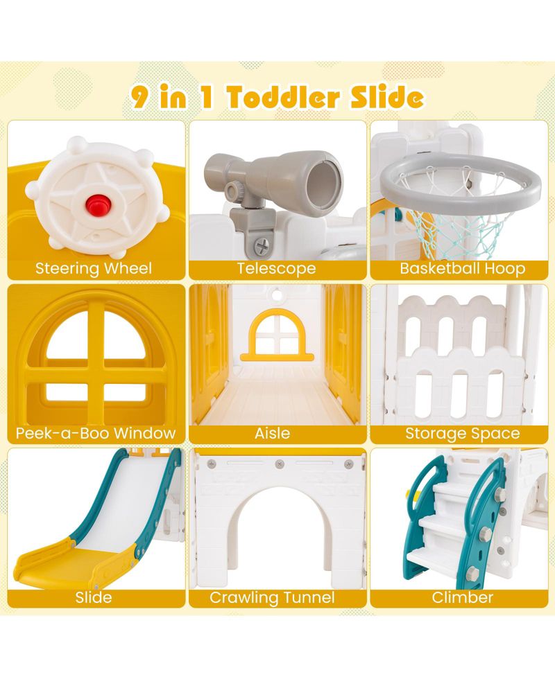 9 in 1 Toddler Slide L Shaped Kids Slide and Climber Playset w/ Basketball Hoop