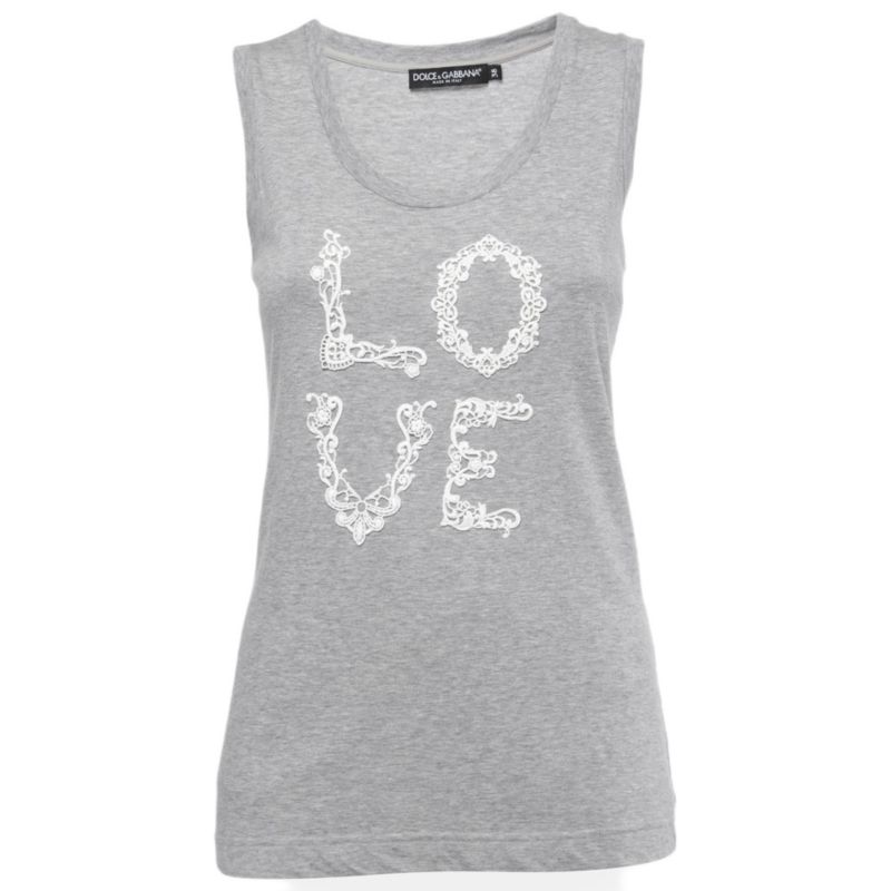 Women's Grey Cotton Love Lace Patterned Tank Top