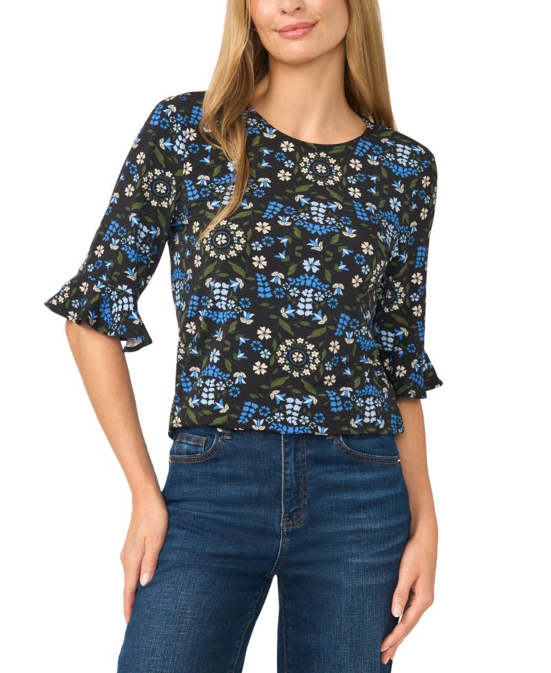Women's Floral-Print Short-Sleeve Ruffle-Cuff Blouse