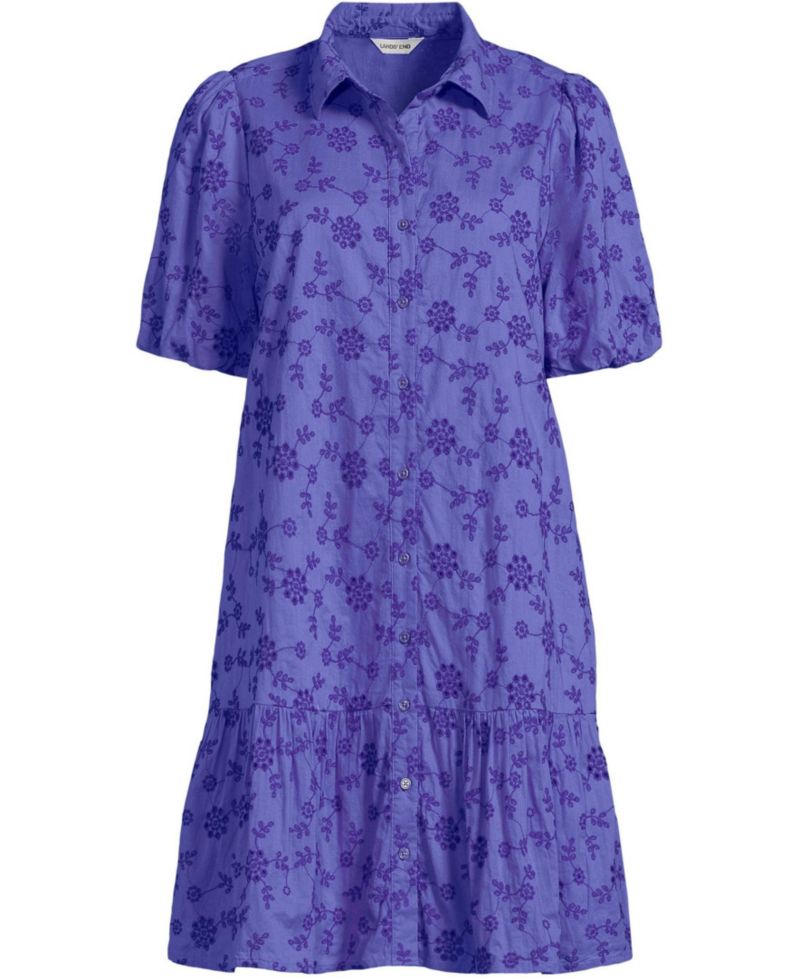 Women's Elbow Sleeve Eyelet Knee Length Shirt Dress