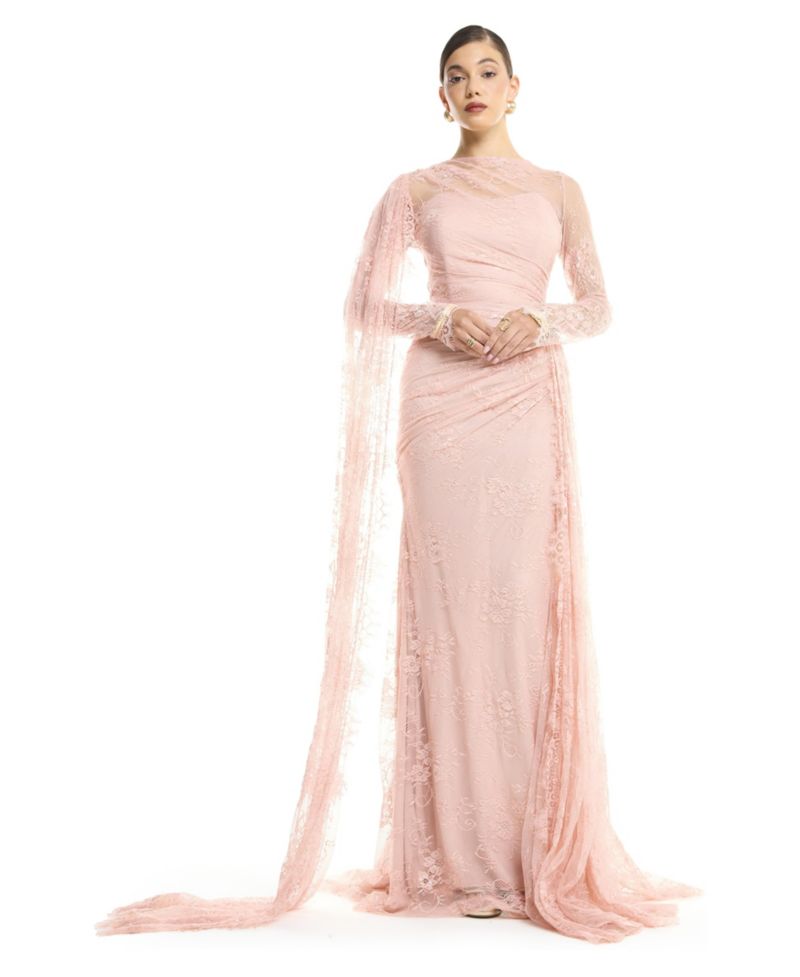 Women's High Neck Lace Sheath Gown with Cape Sleeve