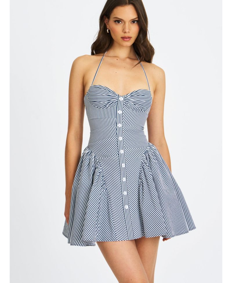 Women Melody Navy Blue Railroad Stripe Halter Drop Waist Mini Dress