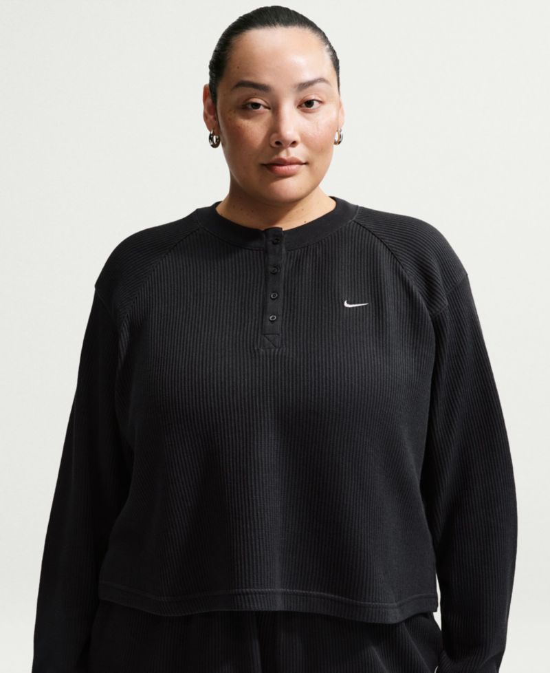 Plus Size Sportswear Chill Waffle Oversized Henley Long-Sleeve Top