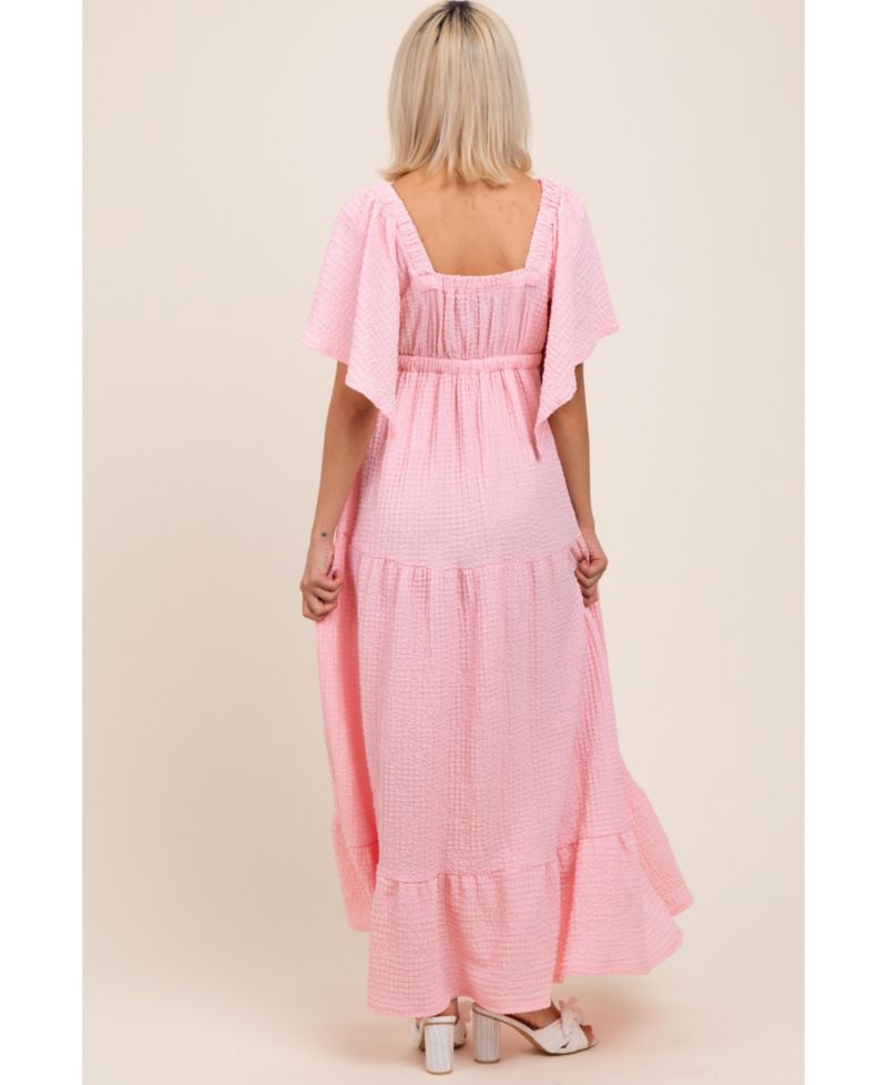 Women's Light Pink Woven Textured Flutter Sleeve V-Neck Tiered Maxi Dress