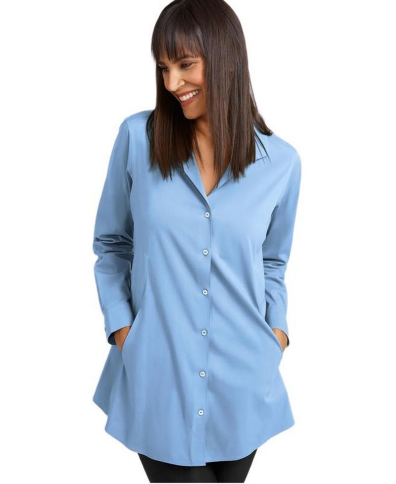Women's Charlotte Long Button Front Peplum Low Iron Blouse with Popped Collar