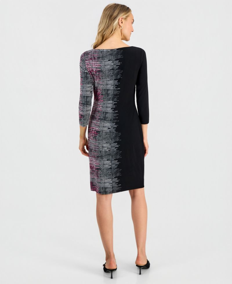 Petite Boat-Neck Side-Pleat 3/4-Sleeve Dress