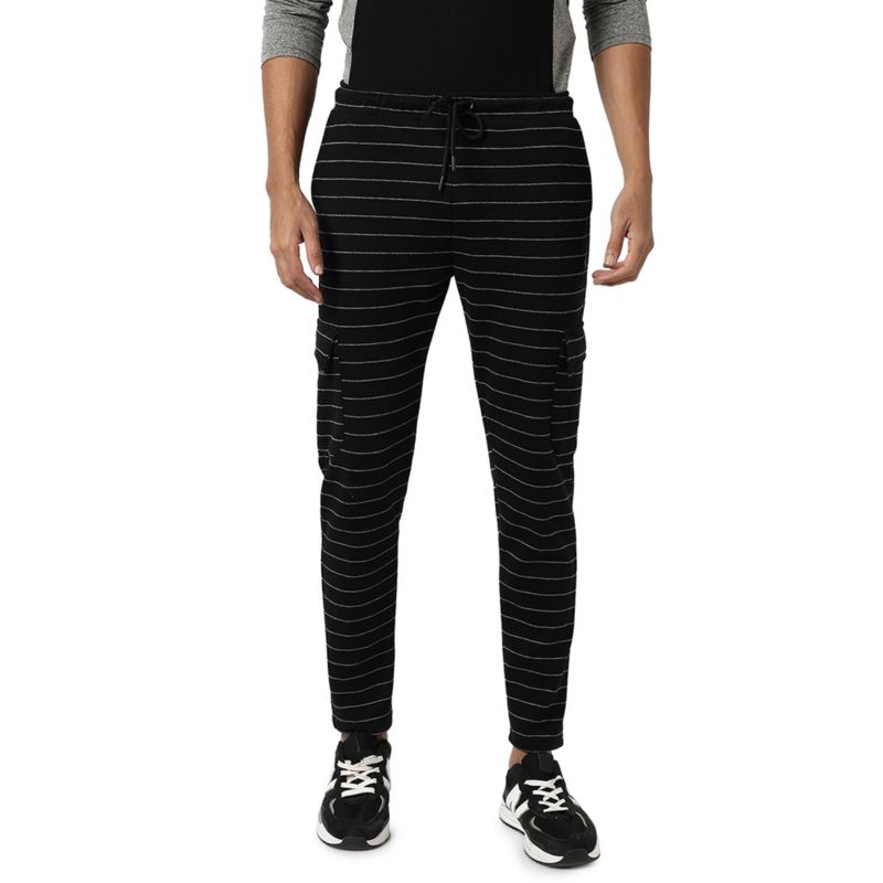 Men's Black Horizontal Striped Casual Joggers