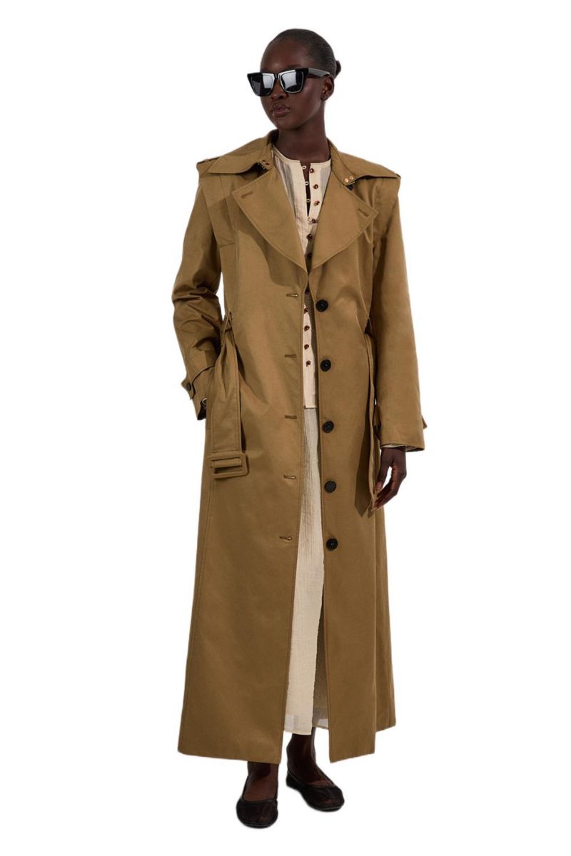 Women's Strong Shoulder Belted Maxi Trench Coat