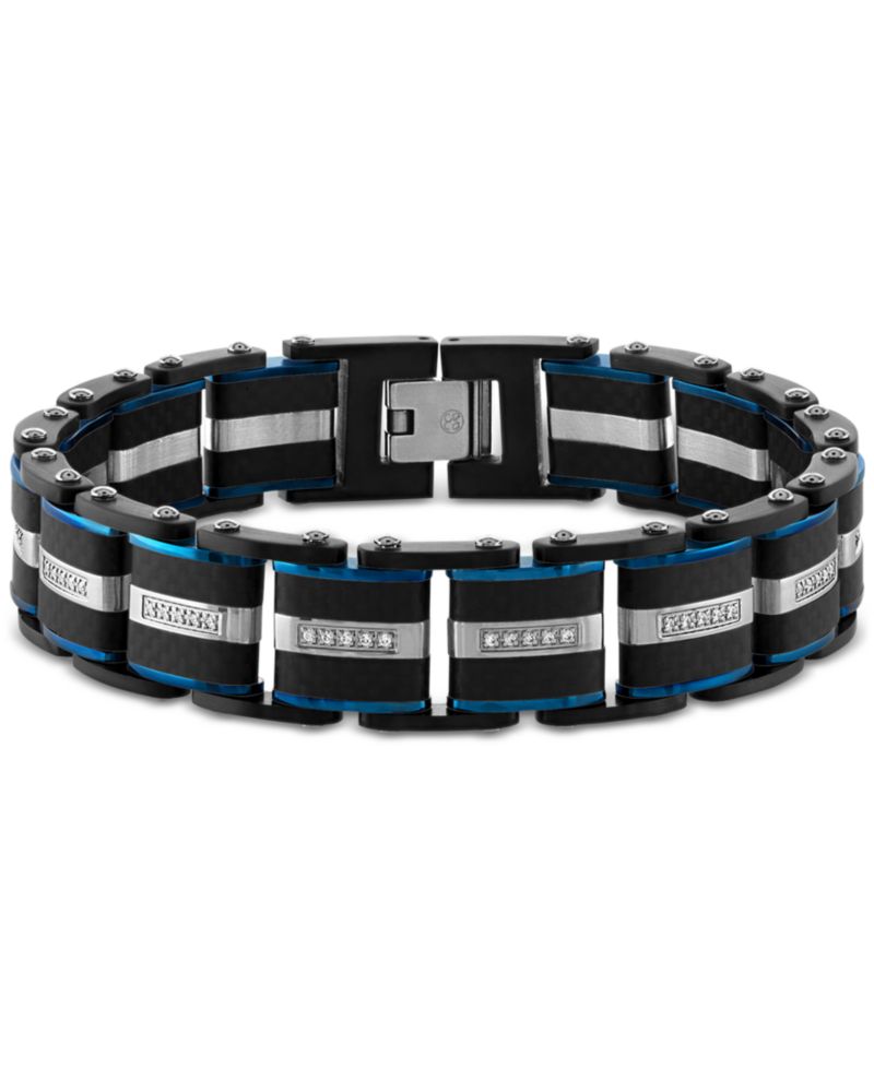 Diamond & Carbon Fiber Link Bracelet (1/3 ct. t.w.) in Blue & Black Ion-Plated Stainless Steel