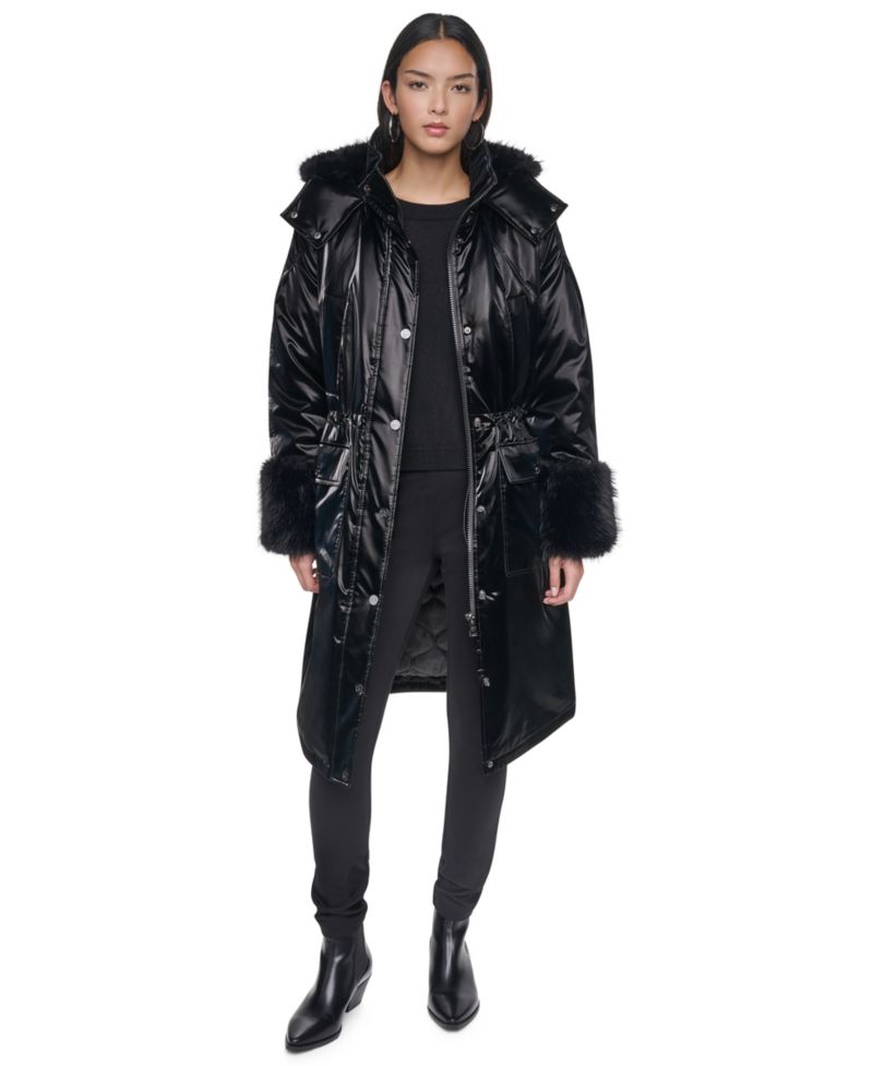 Women's Hooded Knee-Length Faux Fur Cuff Nylon Velvet Coat